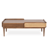 Neo Kyoto Coffee Table with acacia wood, cane detailing, and a walnut finish. A modern wooden coffee table with storage, perfect for stylish living spaces.